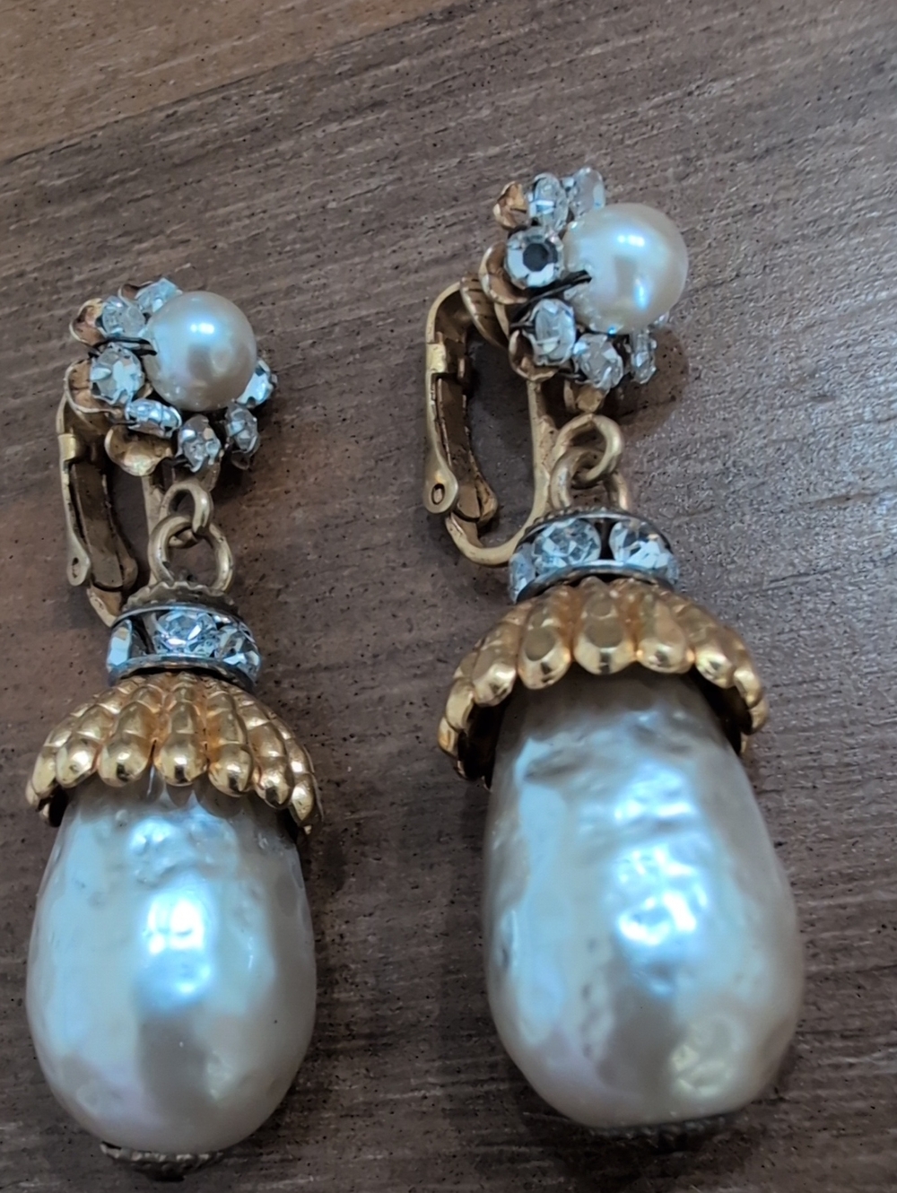 Miriam Haskell Gold-Tone Pearl Drop Earrings with Crystal Accents